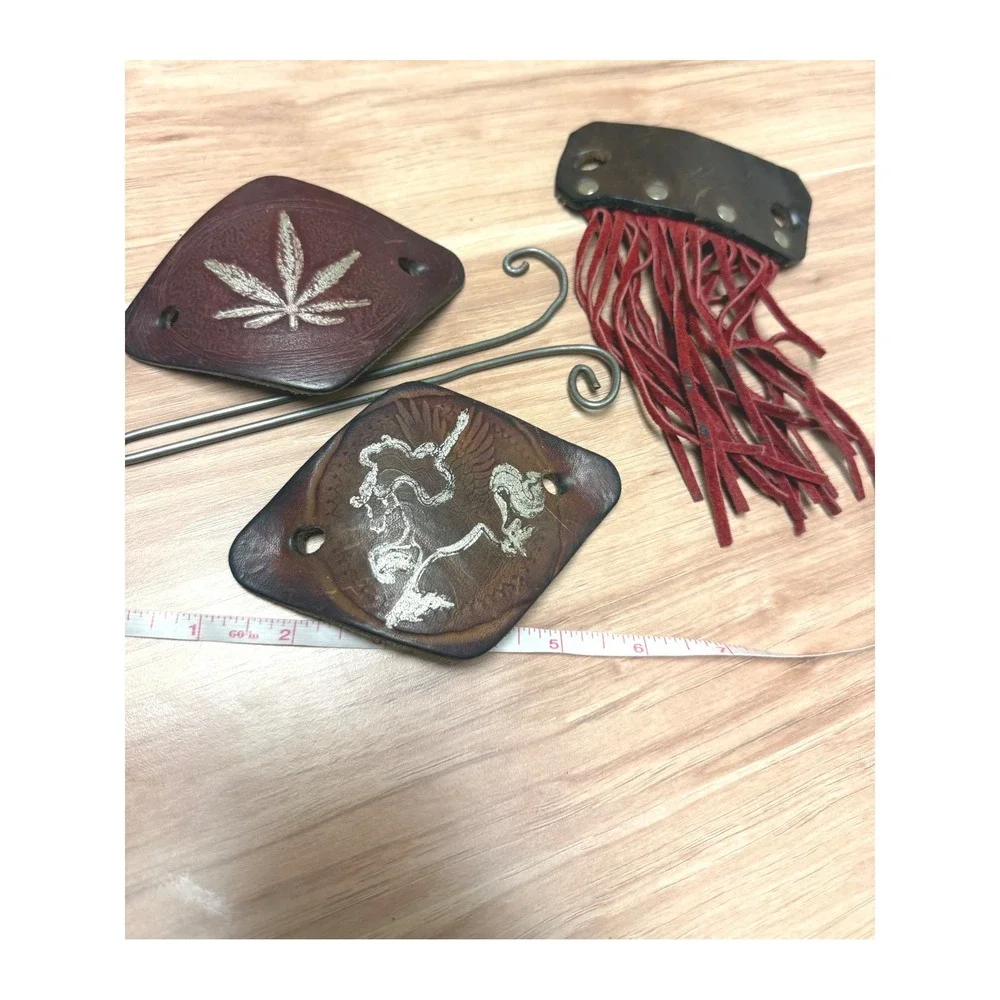 Vintage Leather Hair Slide Barrette Set Fringe Boho 4pc Brown